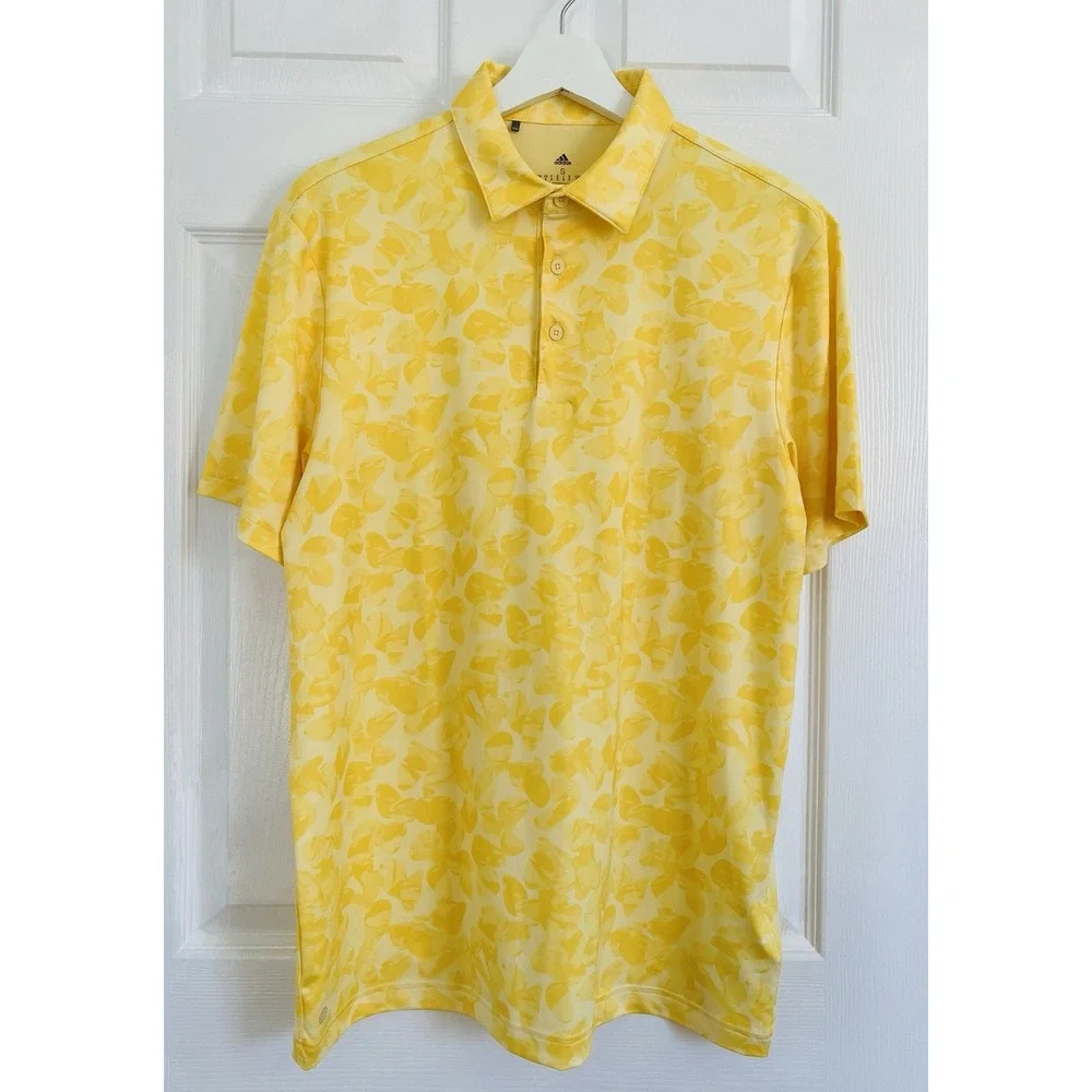 Adidas Mens Size‎ S Yellow Golf Polo Shirt Floral Print Performance Stretch Tee